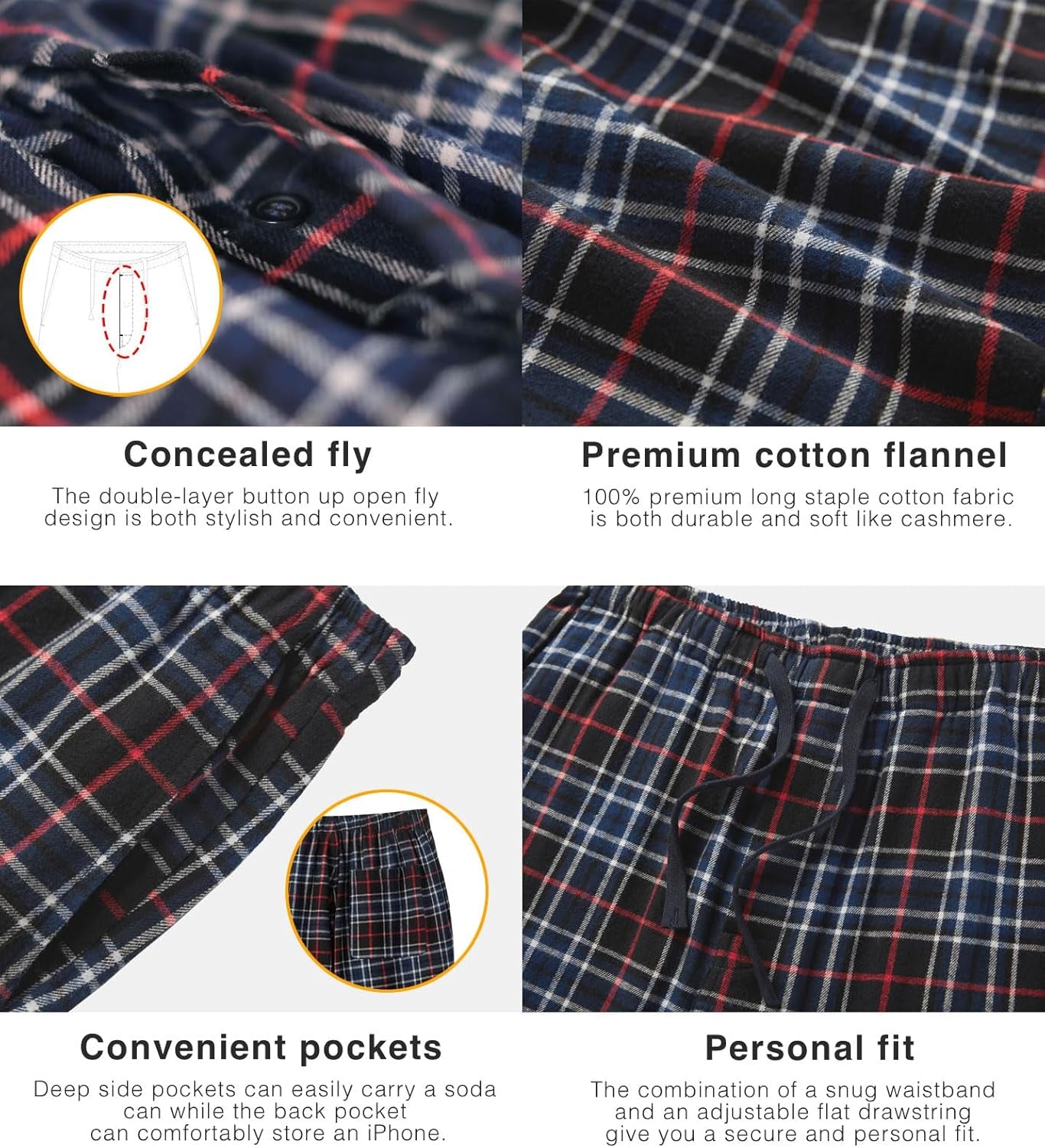 Men's Cotton Flannel Plaid Lounge Pants with Fleece Warmth, Drawstring, and Pockets - Model M39/M128