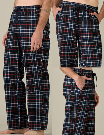 Men's Cotton Flannel Plaid Lounge Pants with Fleece Warmth, Drawstring, and Pockets - Model M39/M128