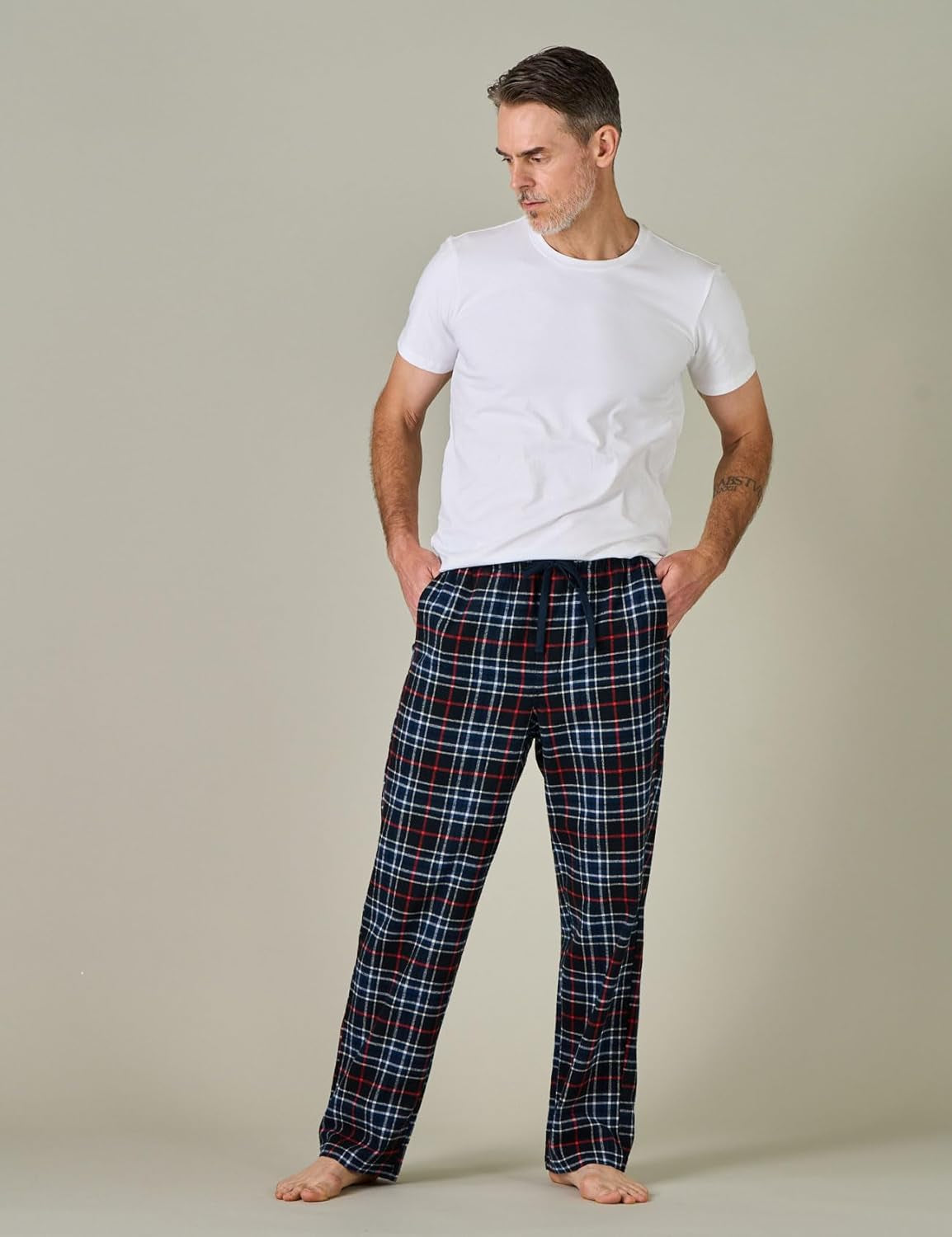 Men's Cotton Flannel Plaid Lounge Pants with Fleece Warmth, Drawstring, and Pockets - Model M39/M128